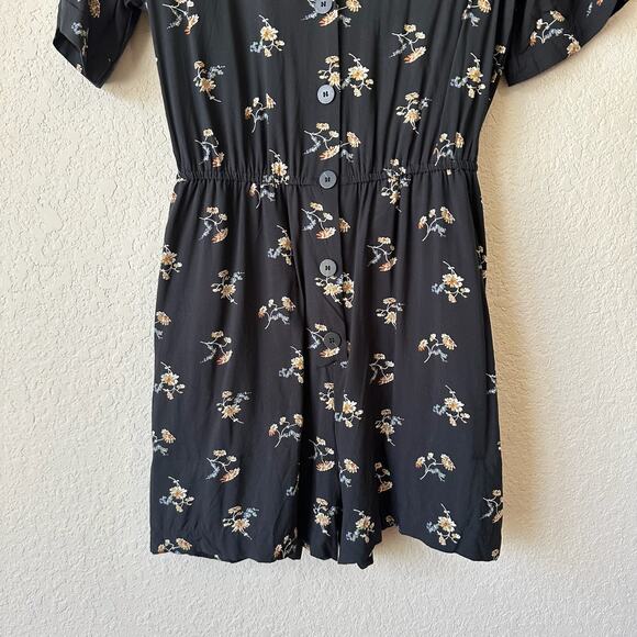 MADEWELL Button Front Day Romper Black Daisies V-Neck SS Boho Peasant - Picture 5 of 13